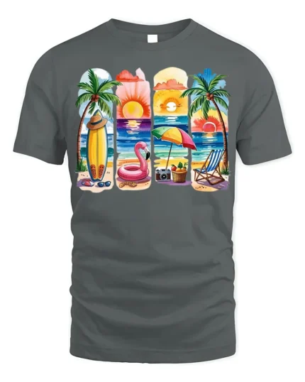Colorful Beach Vibes T-Shirt Tropical Summer Sunset - gray t-shirt on white background