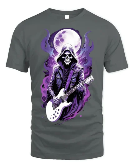 Skull Guitarist T-Shirt Grim Reaper Rock Metal Graphic - gray t-shirt on white background