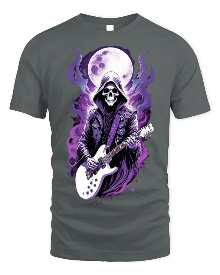 Skull Guitarist T-Shirt Grim Reaper Rock Metal Graphic - gray t-shirt on white background