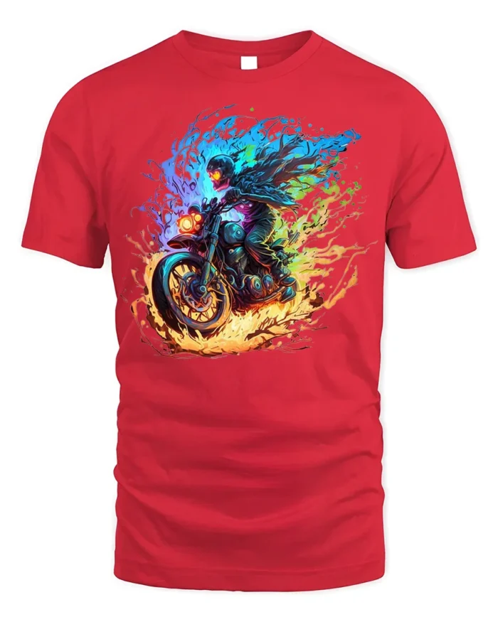 Flaming Biker Graphic T-Shirt Fire Fury Motorcycle - red t-shirt on white background