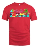 Hello Summer Tropical T-Shirt with Beach and Fruit Design - red t-shirt on white background