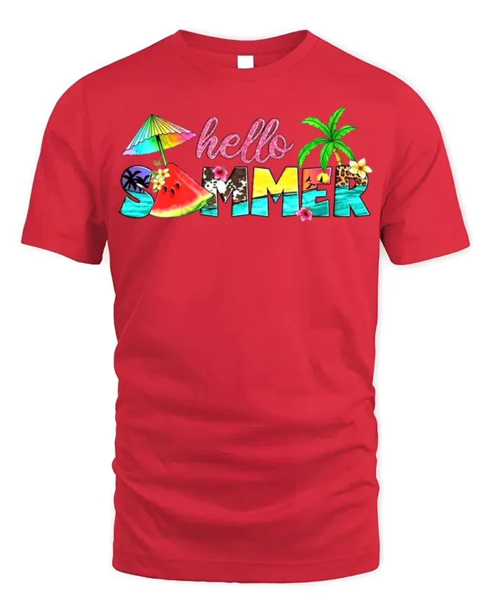 Hello Summer Tropical T-Shirt with Beach and Fruit Design - red t-shirt on white background