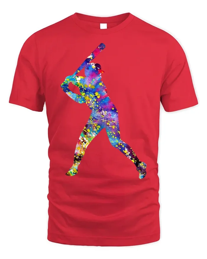Colorful Baseball Player T-Shirt Artistic Sports Graphic - red t-shirt on white background