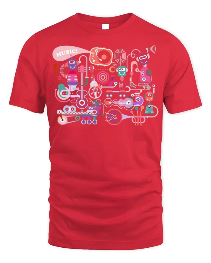 Retro Robot Music T-Shirt Fun Graphic for Music Lovers - red t-shirt on white background