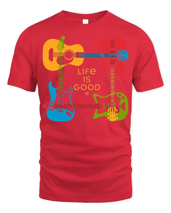Life Is Good Guitar T-Shirt Colorful Music Lover - red t-shirt on white background