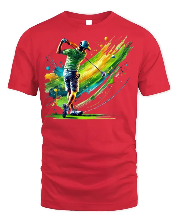 Color Splash Golf Swing T-Shirt Vibrant Golfer Graphic - red t-shirt on white background