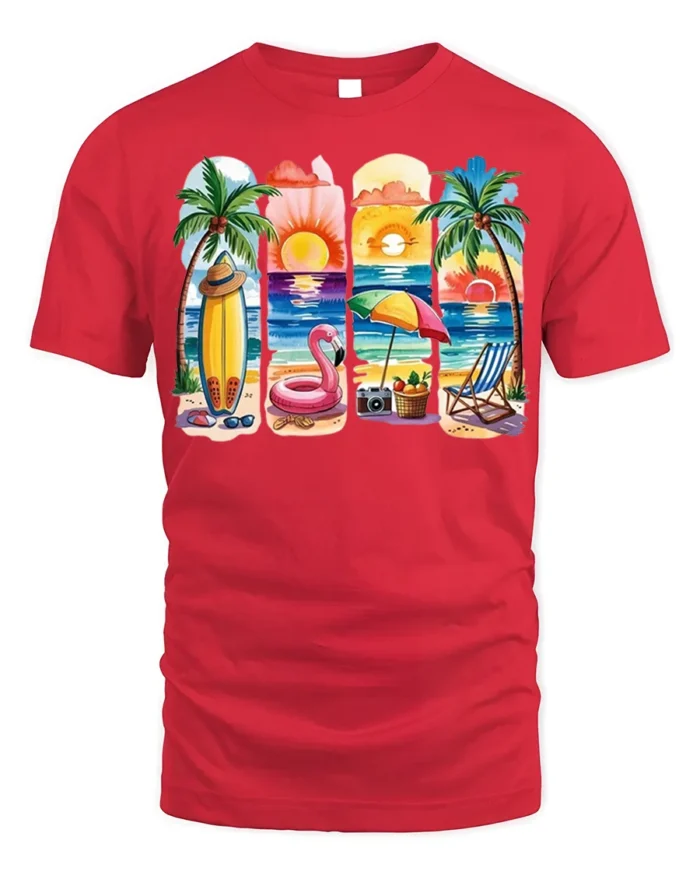 Colorful Beach Vibes T-Shirt Tropical Summer Sunset - red t-shirt on white background