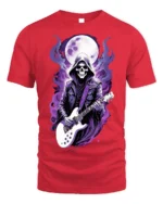 Skull Guitarist T-Shirt Grim Reaper Rock Metal Graphic - red t-shirt on white background