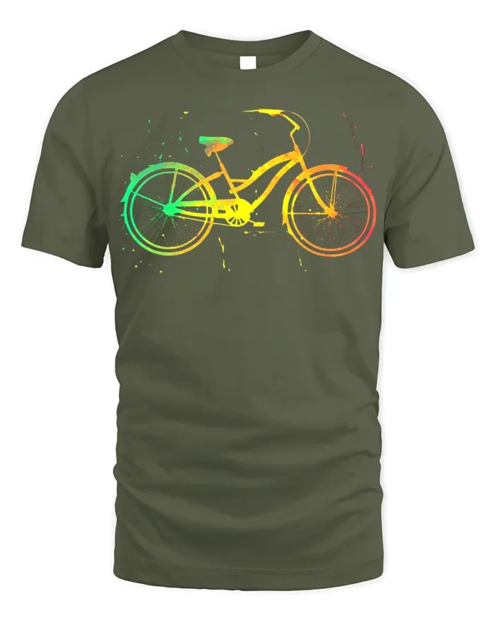 Color Splash Bicycle Art Print T-Shirt - military green t-shirt on white background