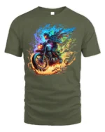 Flaming Biker Graphic T-Shirt Fire Fury Motorcycle - military green t-shirt on white background