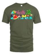 Hello Summer Tropical T-Shirt with Beach and Fruit Design - military green t-shirt on white background