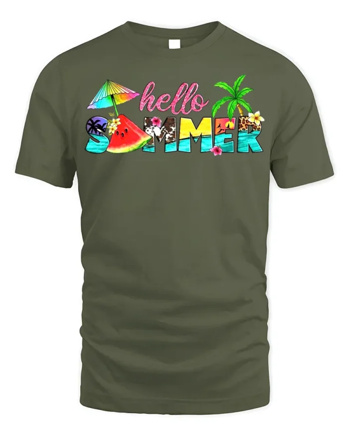 Hello Summer Tropical T-Shirt with Beach and Fruit Design - military green t-shirt on white background
