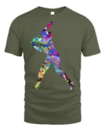 Colorful Baseball Player T-Shirt Artistic Sports Graphic - military green t-shirt on white background
