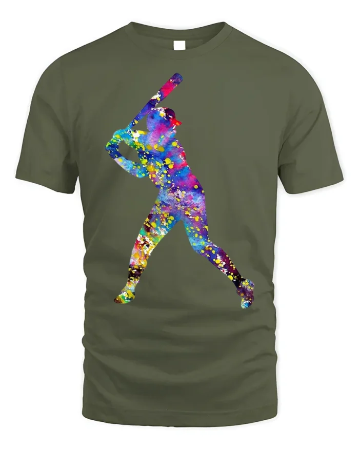 Colorful Baseball Player T-Shirt Artistic Sports Graphic - military green t-shirt on white background