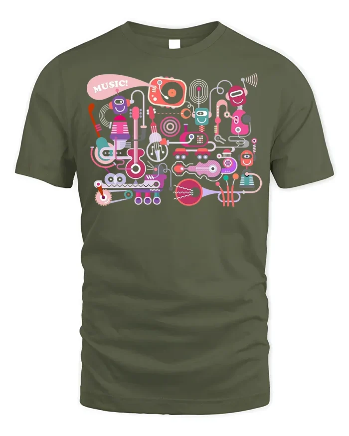 Retro Robot Music T-Shirt Fun Graphic for Music Lovers - military green t-shirt on white background