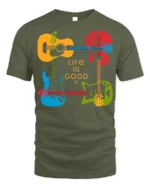 Life Is Good Guitar T-Shirt Colorful Music Lover - military green t-shirt on white background