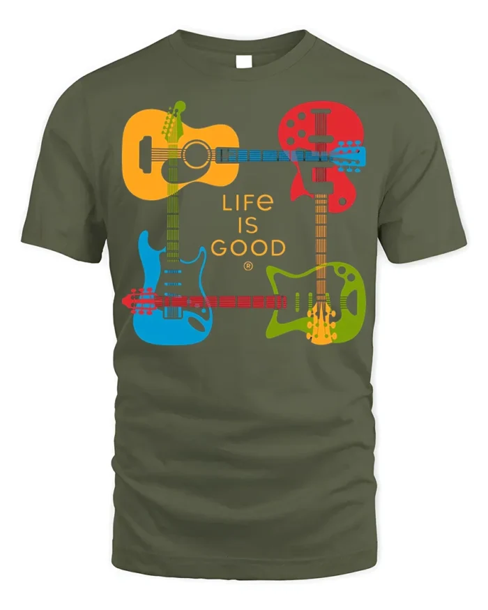 Life Is Good Guitar T-Shirt Colorful Music Lover - military green t-shirt on white background