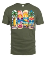 Colorful Beach Vibes T-Shirt Tropical Summer Sunset - military green t-shirt on white background