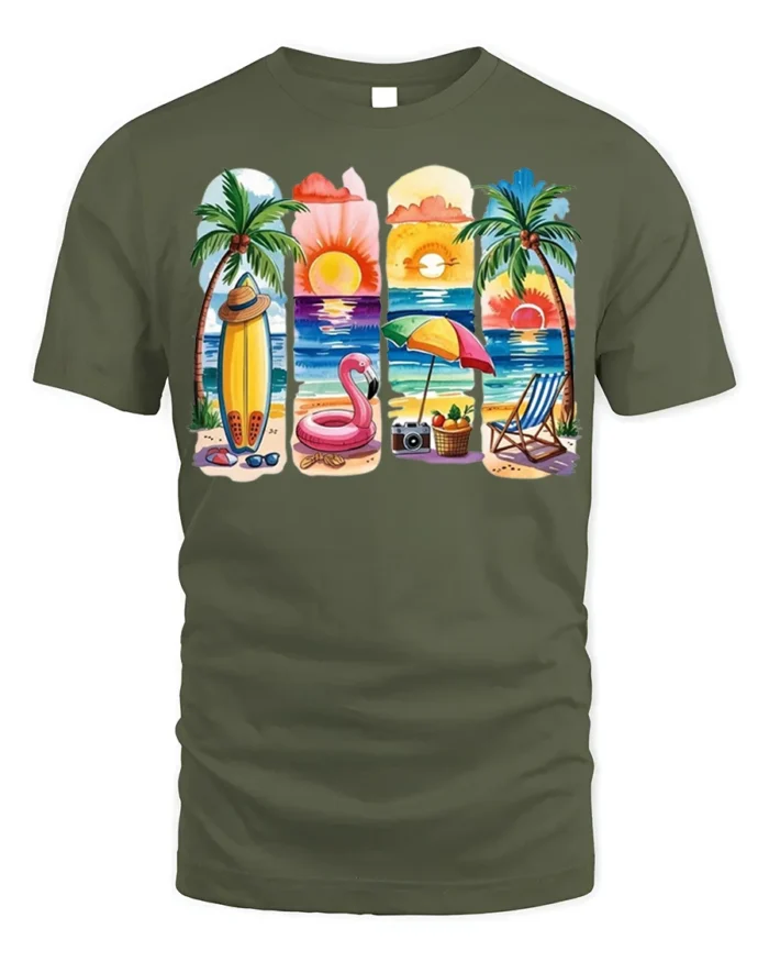 Colorful Beach Vibes T-Shirt Tropical Summer Sunset - military green t-shirt on white background
