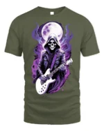 Skull Guitarist T-Shirt Grim Reaper Rock Metal Graphic - military green t-shirt on white background