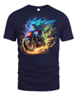 Flaming Biker Graphic T-Shirt Fire Fury Motorcycle - navy t-shirt on white background