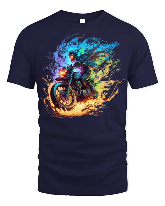 Flaming Biker Graphic T-Shirt Fire Fury Motorcycle - navy t-shirt on white background