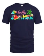 Hello Summer Tropical T-Shirt with Beach and Fruit Design - navy t-shirt on white background