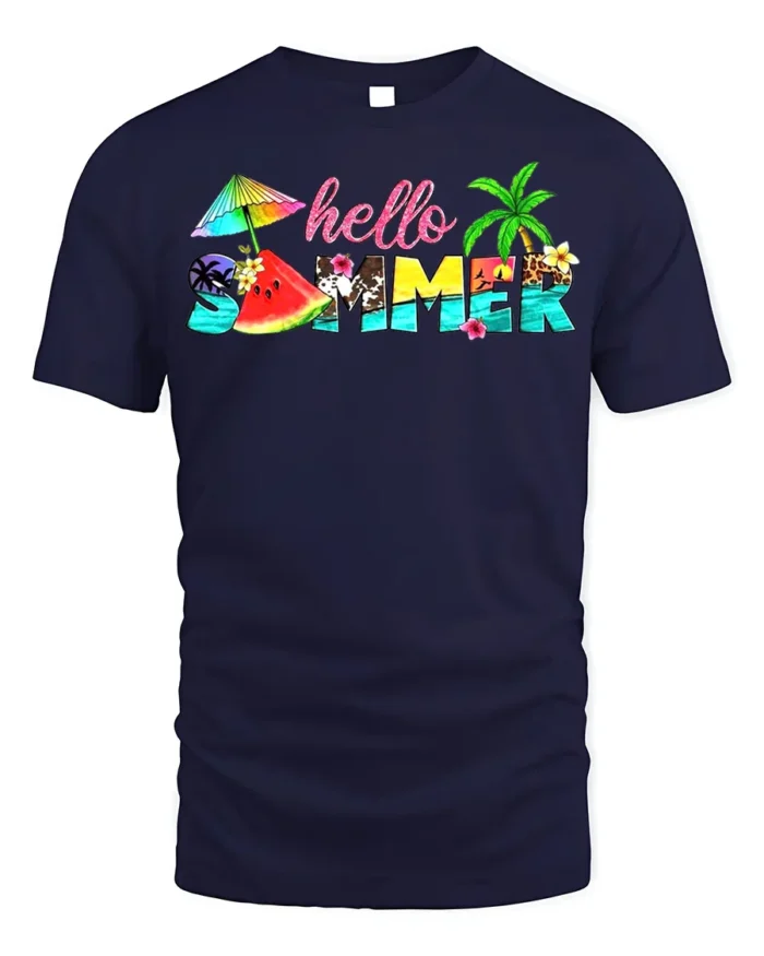 Hello Summer Tropical T-Shirt with Beach and Fruit Design - navy t-shirt on white background