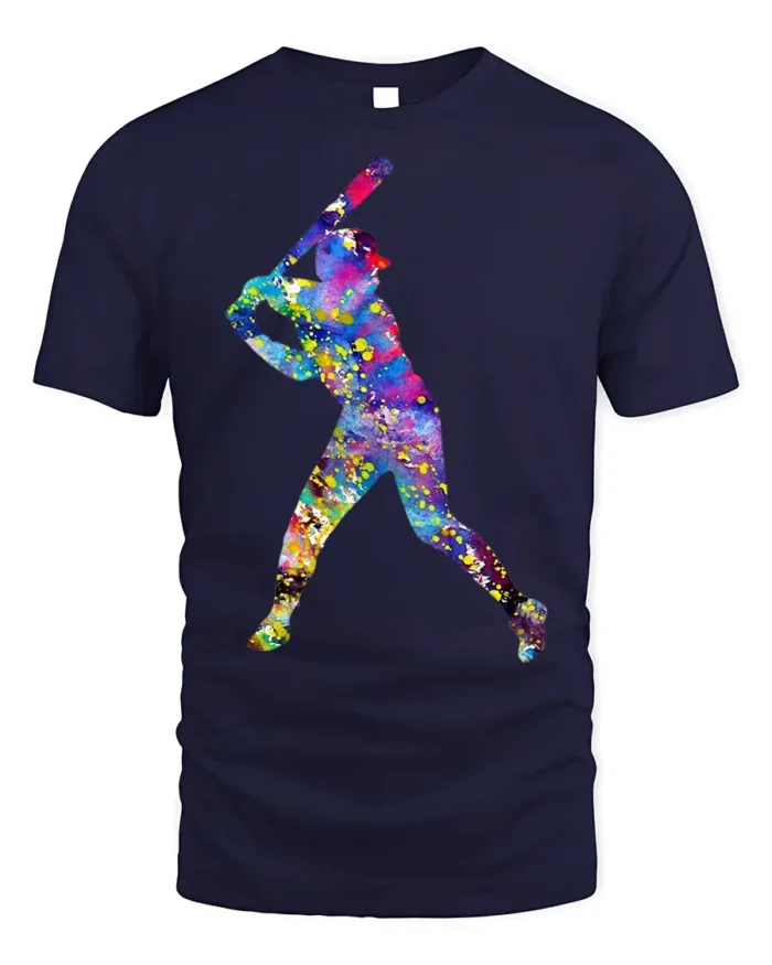 Colorful Baseball Player T-Shirt Artistic Sports Graphic - navy t-shirt on white background