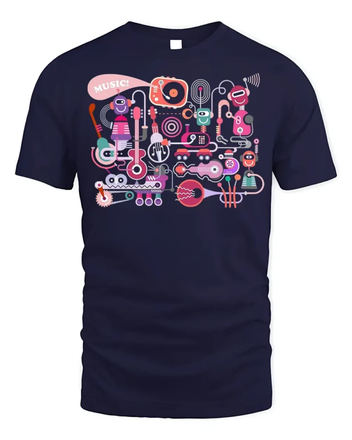 Retro Robot Music T-Shirt Fun Graphic for Music Lovers - navy t-shirt on white background