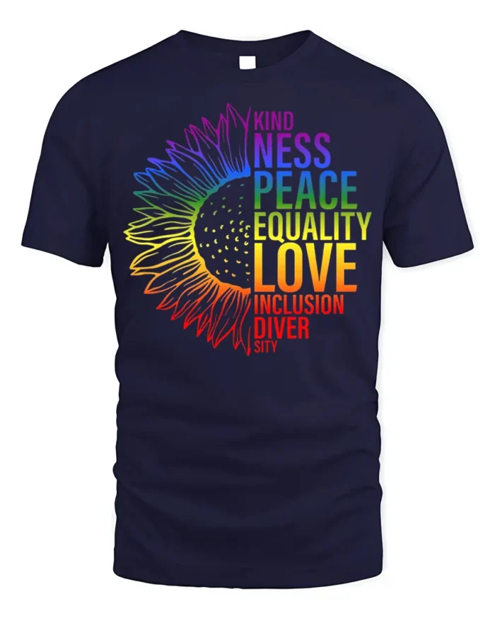Rainbow Sunflower Equality T-Shirt Love and Inclusion - navy t-shirt on white background