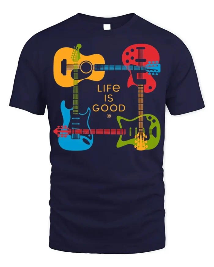 Life Is Good Guitar T-Shirt Colorful Music Lover - navy t-shirt on white background