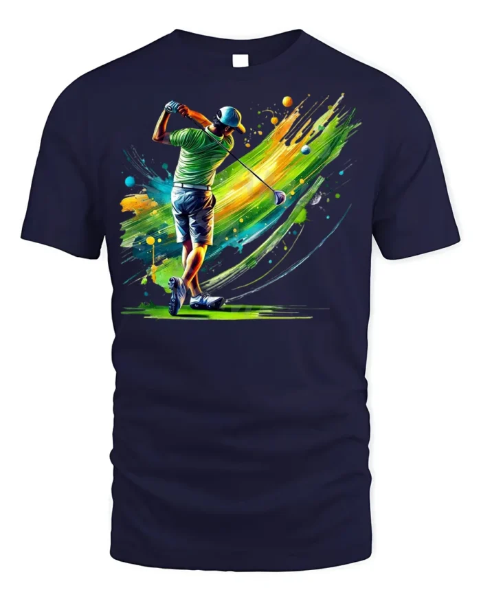 Color Splash Golf Swing T-Shirt Vibrant Golfer Graphic - navy t-shirt on white background