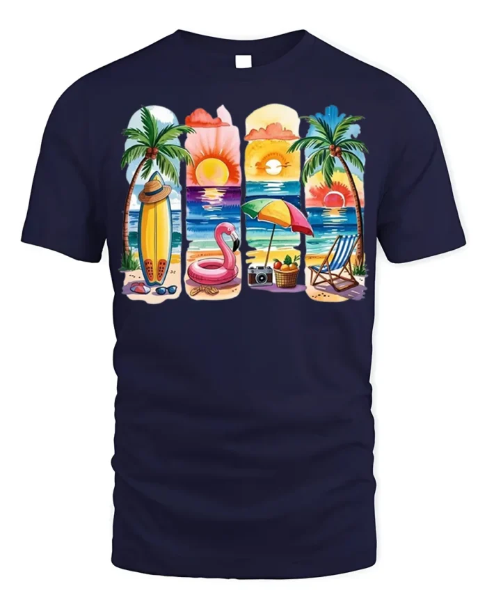 Colorful Beach Vibes T-Shirt Tropical Summer Sunset - navy t-shirt on white background