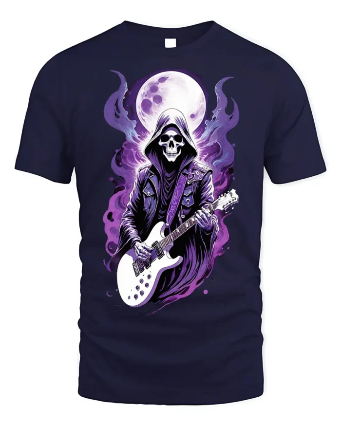 Skull Guitarist T-Shirt Grim Reaper Rock Metal Graphic - navy t-shirt on white background