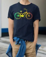 Color Splash Bicycle Art Print T-Shirt - model wearing navy shirt, hands in pockets