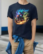 Flaming Biker Graphic T-Shirt Fire Fury Motorcycle - model wearing navy shirt, hands in pockets