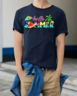 Hello Summer Tropical T-Shirt with Beach and Fruit Design - model wearing navy shirt, hands in pockets
