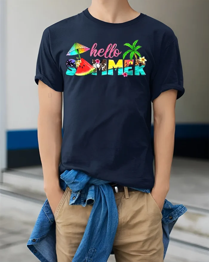 Hello Summer Tropical T-Shirt with Beach and Fruit Design - model wearing navy shirt, hands in pockets