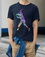 Colorful Baseball Player T-Shirt Artistic Sports Graphic - model wearing navy shirt, hands in pockets