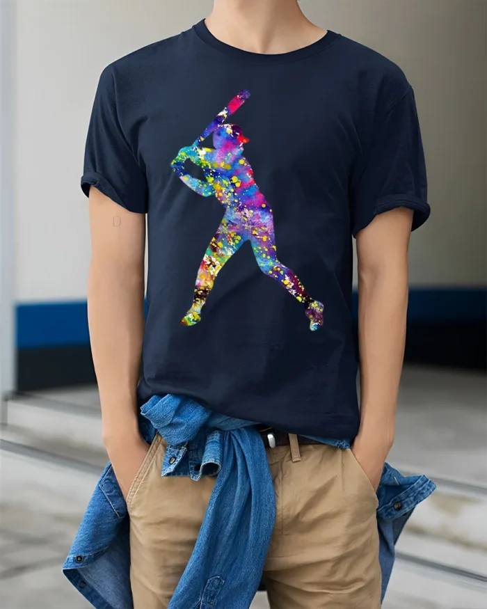 Colorful Baseball Player T-Shirt Artistic Sports Graphic - model wearing navy shirt, hands in pockets