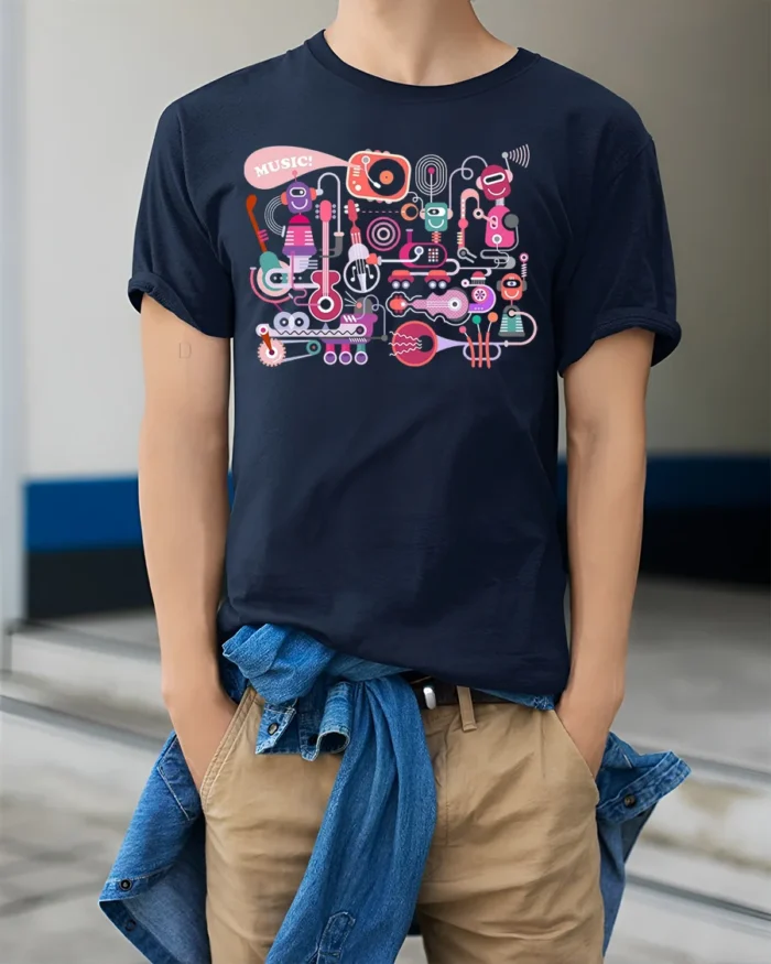 Retro Robot Music T-Shirt Fun Graphic for Music Lovers - model wearing navy shirt, hands in pockets