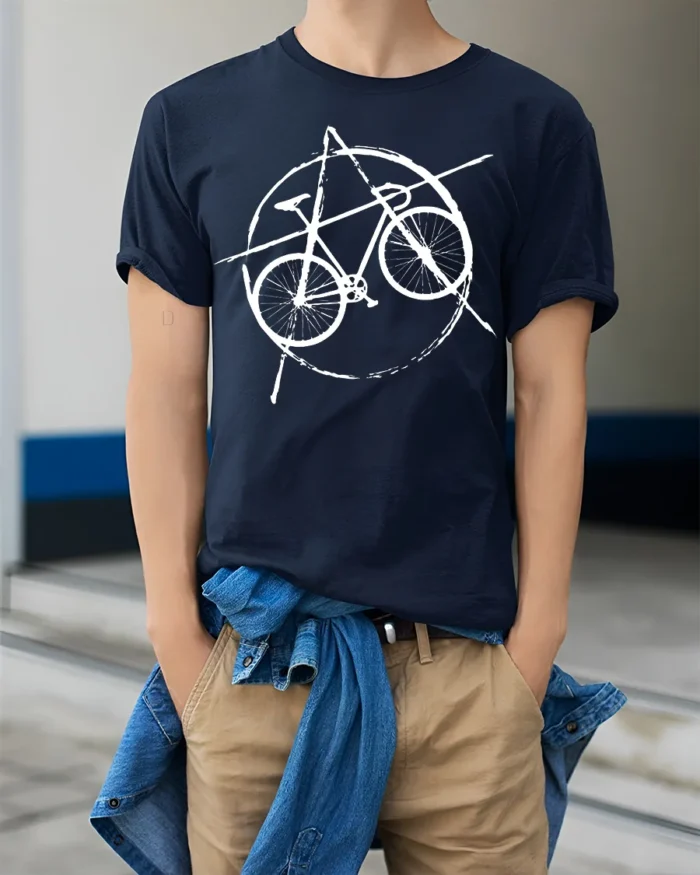 Punk Bicycle T-Shirt Anarchy Bike Graphic for Cyclists - model wearing navy shirt, hands in pockets