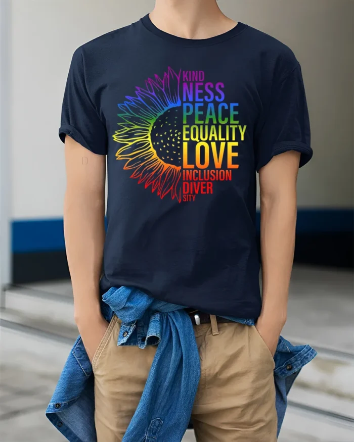 Rainbow Sunflower Equality T-Shirt Love and Inclusion - model wearing navy shirt, hands in pockets