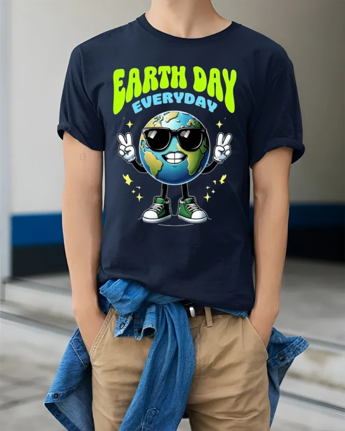 Earth Day Everyday T-Shirt Cool Planet Eco Style - model wearing navy shirt, hands in pockets