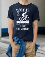 Ride to Work T-Shirt Work Eat Live Ride Cyclist - model wearing navy shirt, hands in pockets