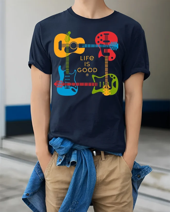 Life Is Good Guitar T-Shirt Colorful Music Lover - model wearing navy shirt, hands in pockets