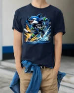 Shark Hockey T-Shirt Vancouver Ice Rink Power Play - model wearing navy shirt, hands in pockets