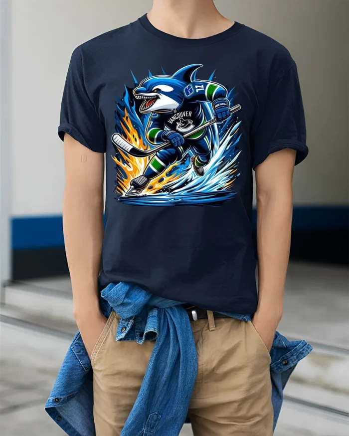 Shark Hockey T-Shirt Vancouver Ice Rink Power Play - model wearing navy shirt, hands in pockets