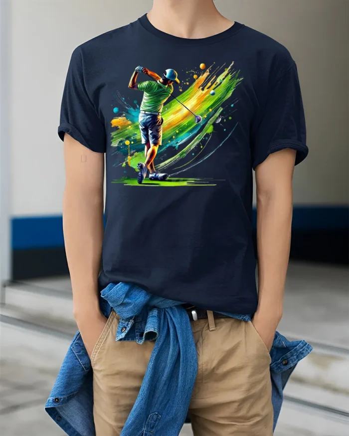 Color Splash Golf Swing T-Shirt Vibrant Golfer Graphic - model wearing navy shirt, hands in pockets